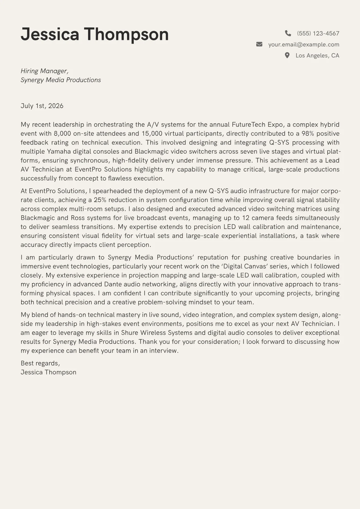 AV Technician cover letter formatted with a JobSprout template