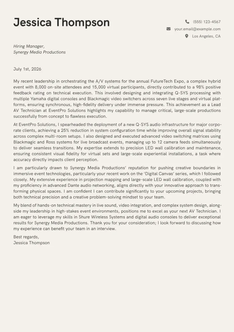 AV Technician cover letter example preview