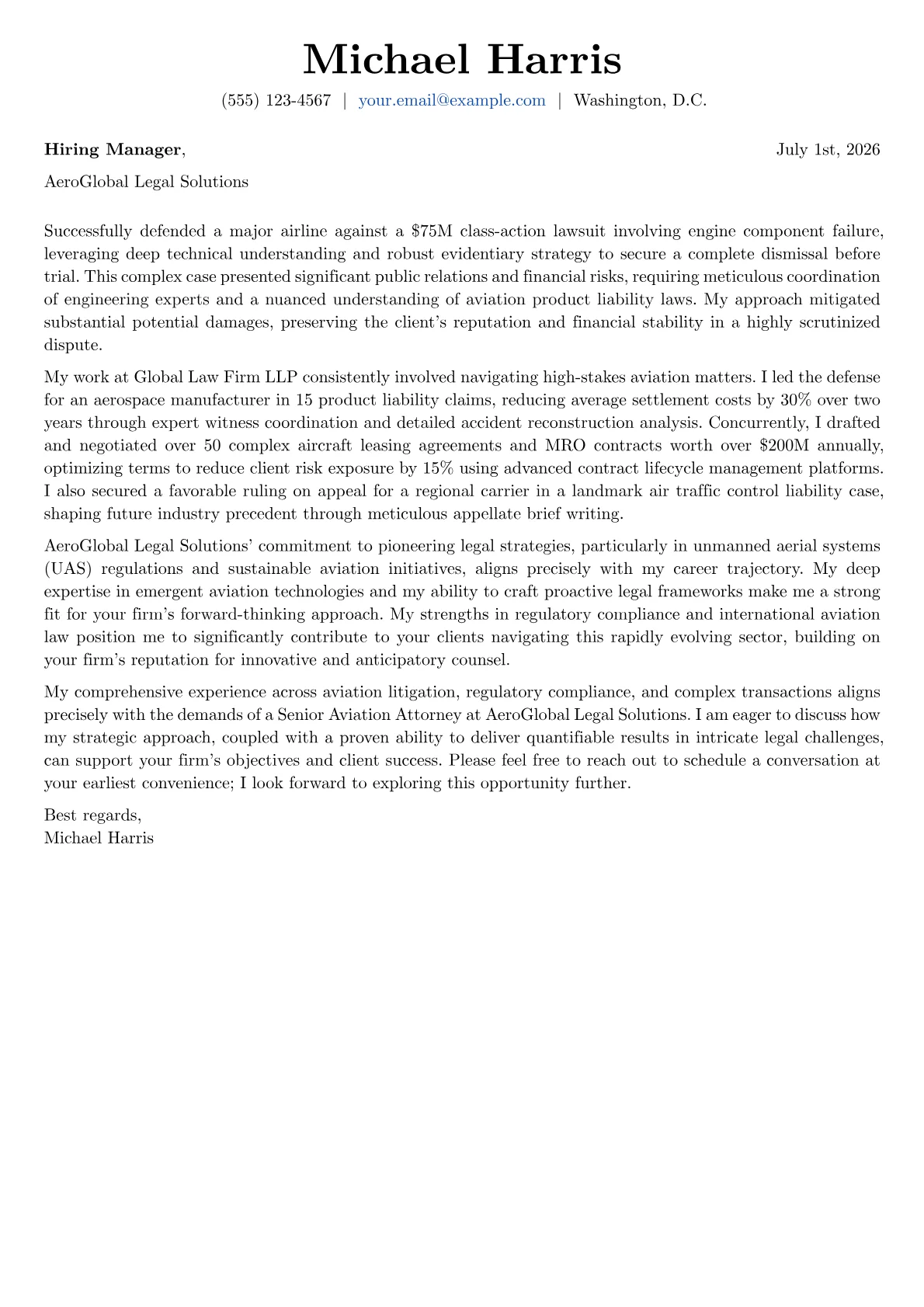 Aviation Attorney cover letter formatted with a JobSprout template