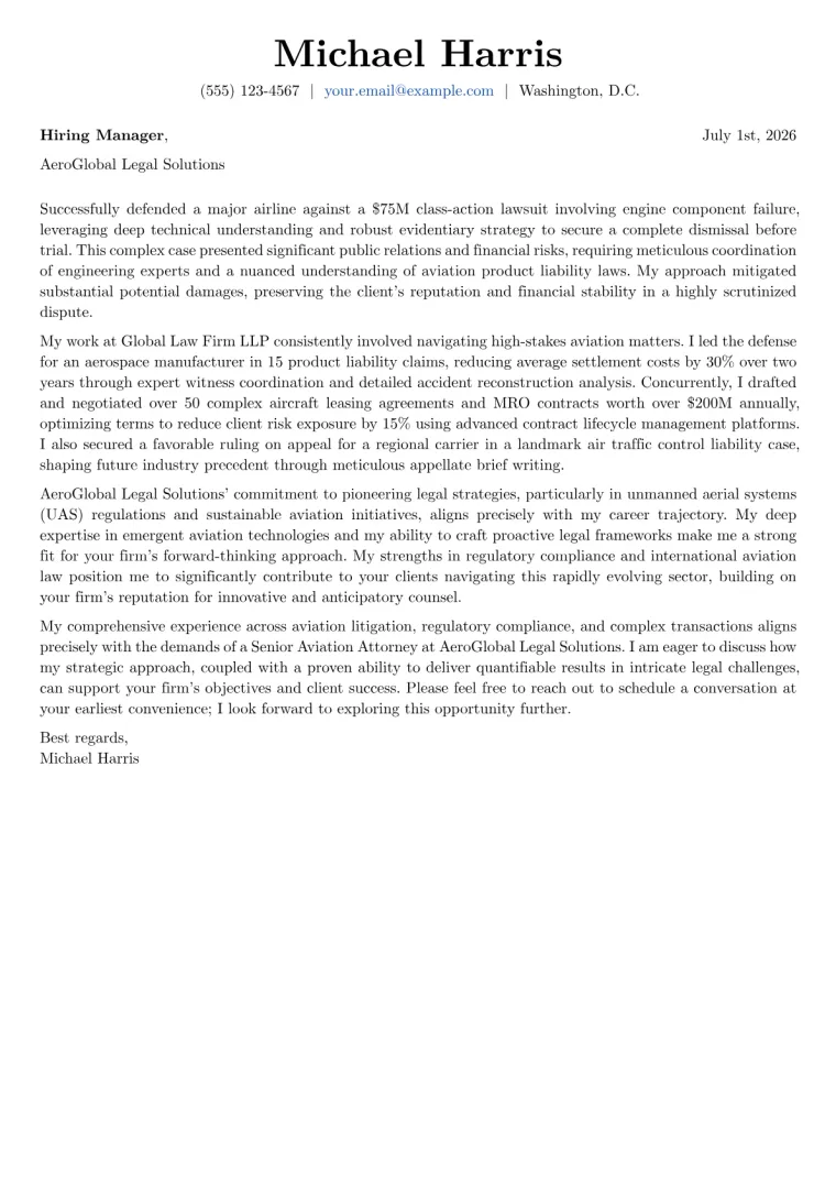 Aviation Attorney cover letter example preview