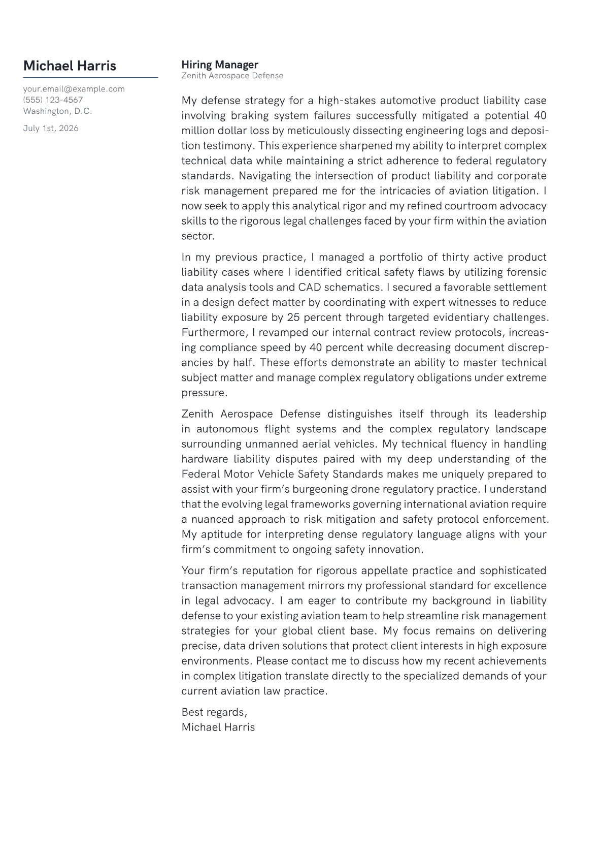 Aviation Attorney cover letter in the Margin design