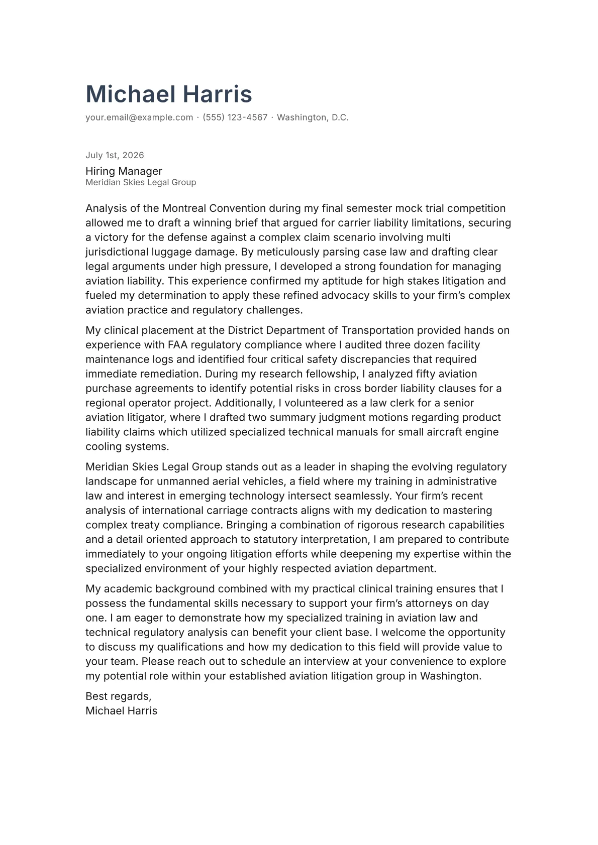 Aviation Attorney cover letter in the Minimal design