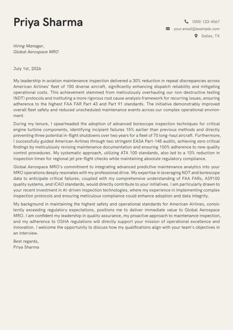 Aviation Maintenance Inspector Cover Letter Example