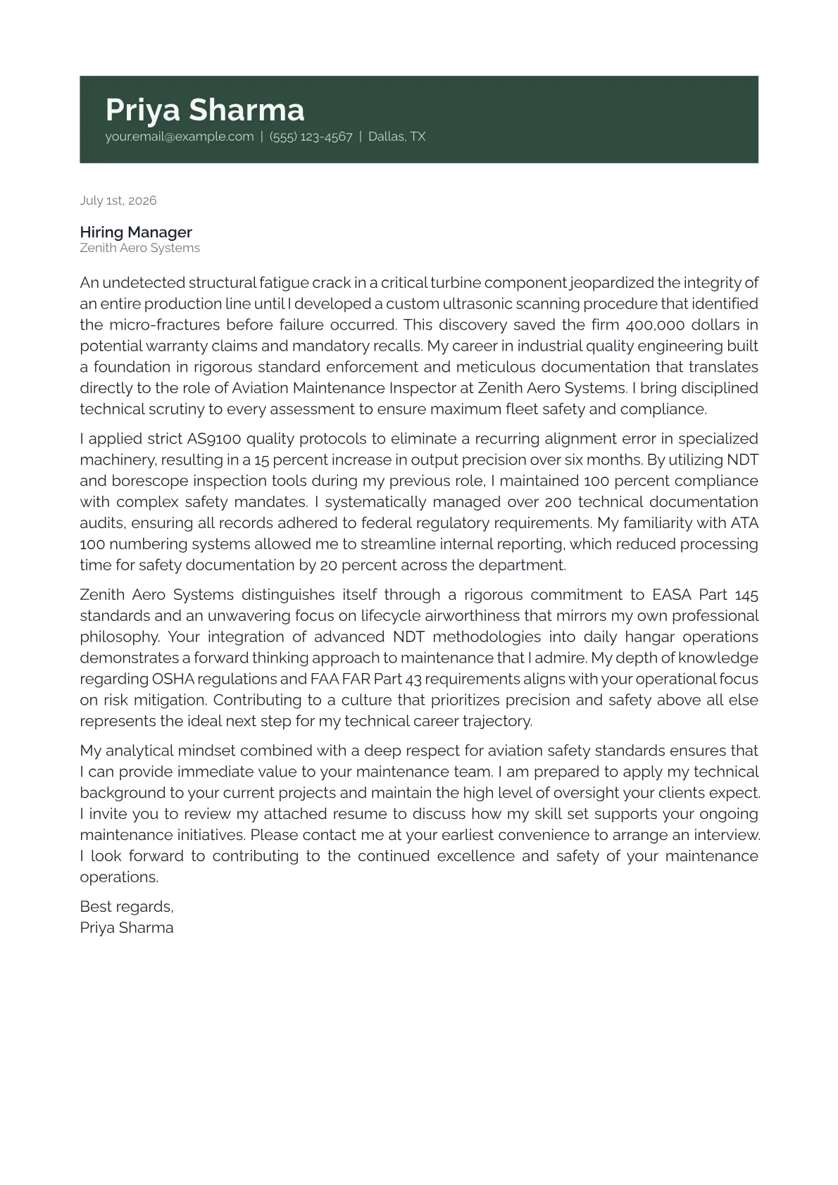 Aviation Maintenance Inspector cover letter in the Banner design