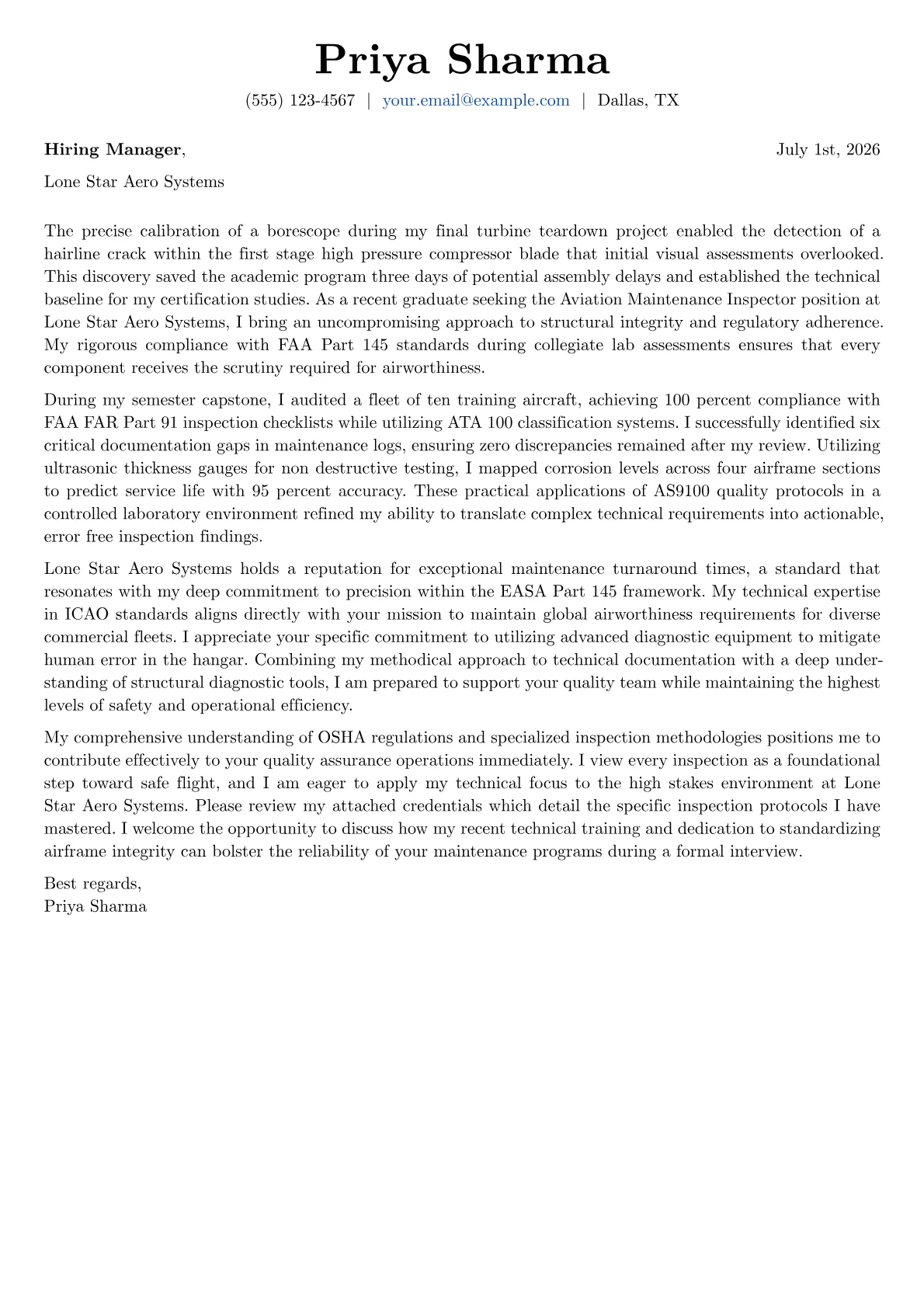 Aviation Maintenance Inspector cover letter in the Basic design