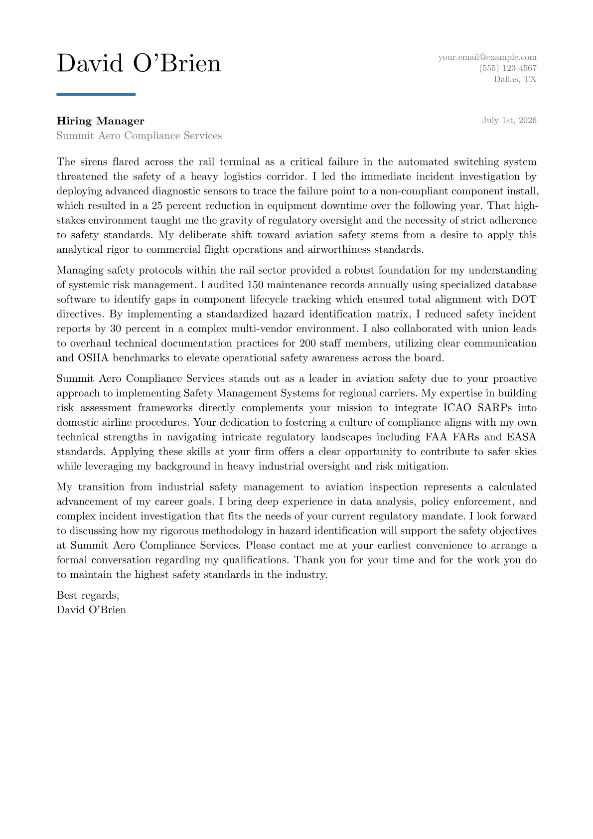Aviation Safety Inspector cover letter in the Executive design