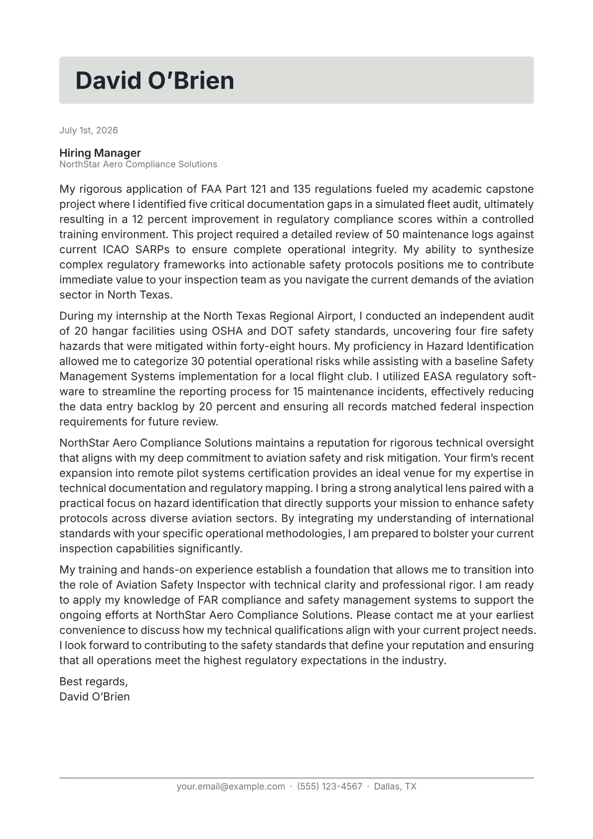 Aviation Safety Inspector cover letter in the Letterhead design