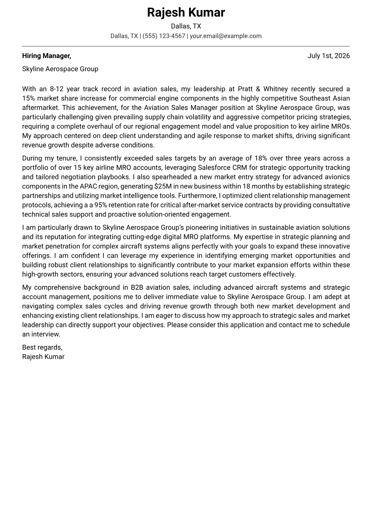 Aviation Sales Manager cover letter formatted with a JobSprout template