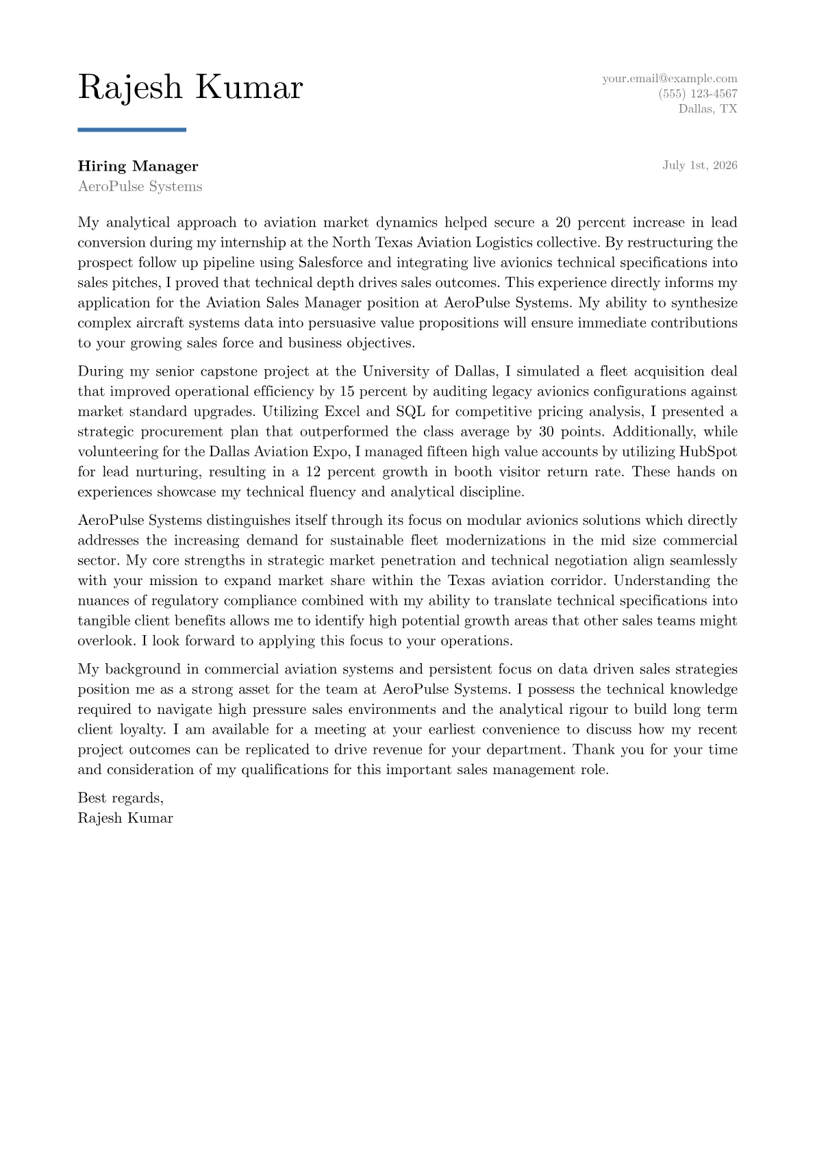 Aviation Sales Manager cover letter in the Executive design