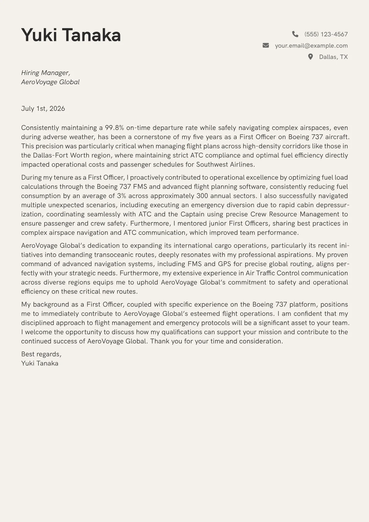 Aviator cover letter formatted with a JobSprout template