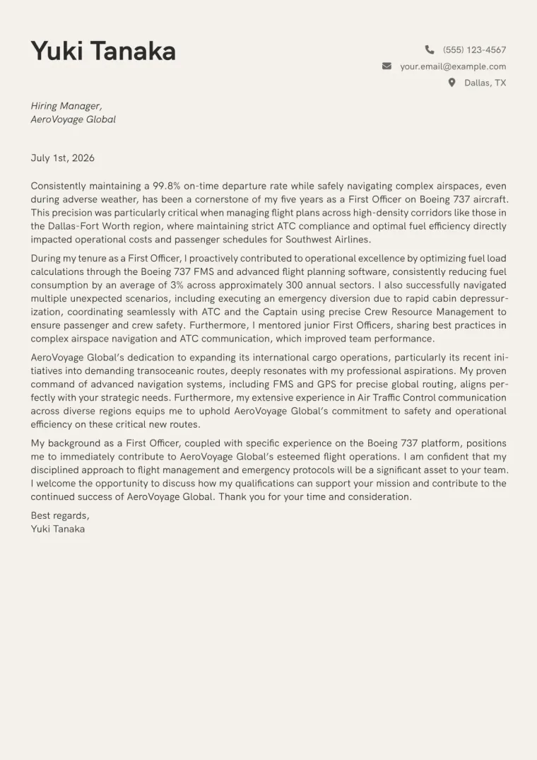 Aviator cover letter example preview