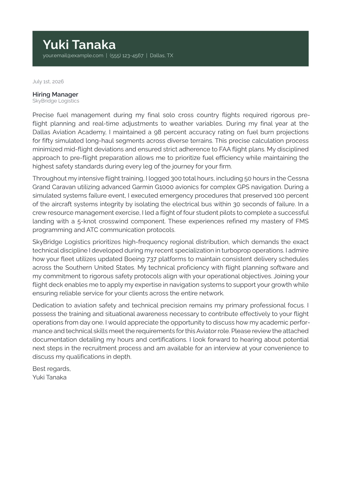 Aviator cover letter in the Banner design