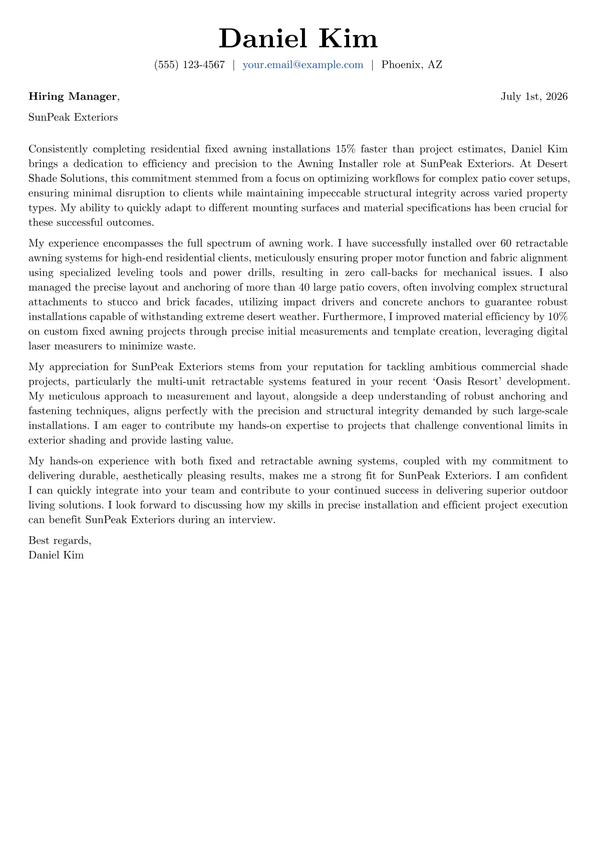 Awning Installer cover letter formatted with a JobSprout template