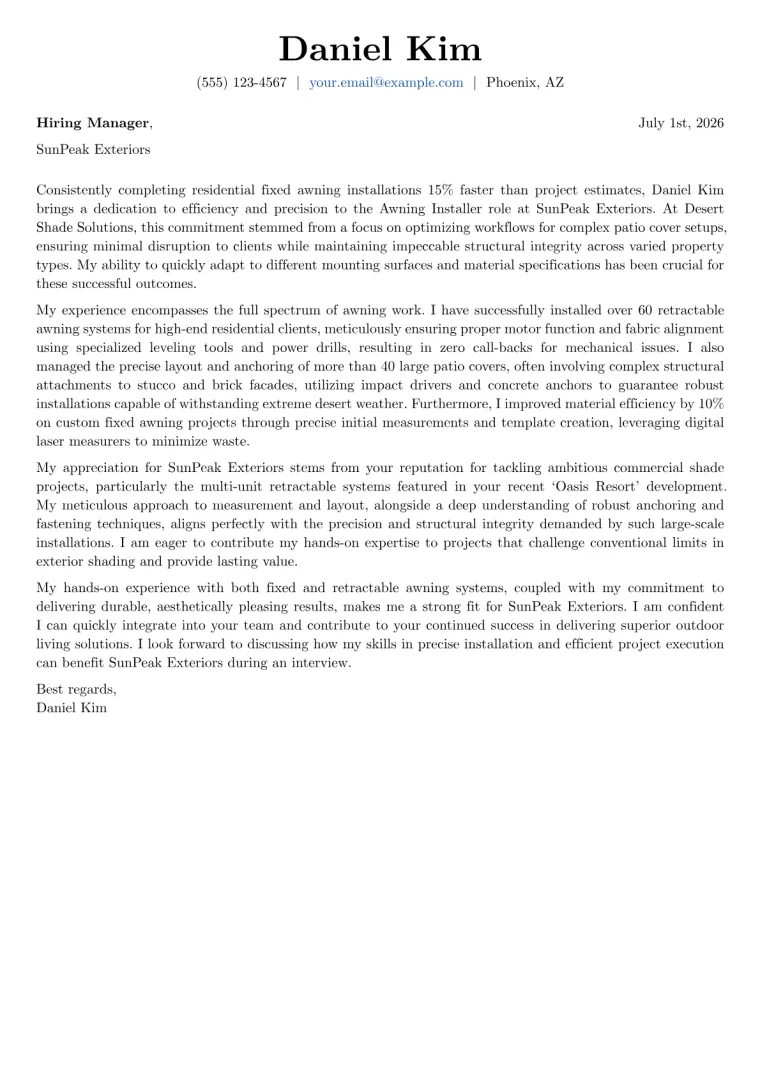 Awning Installer cover letter example preview