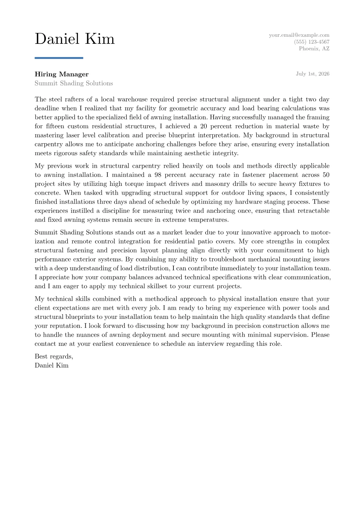 Awning Installer cover letter in the Executive design