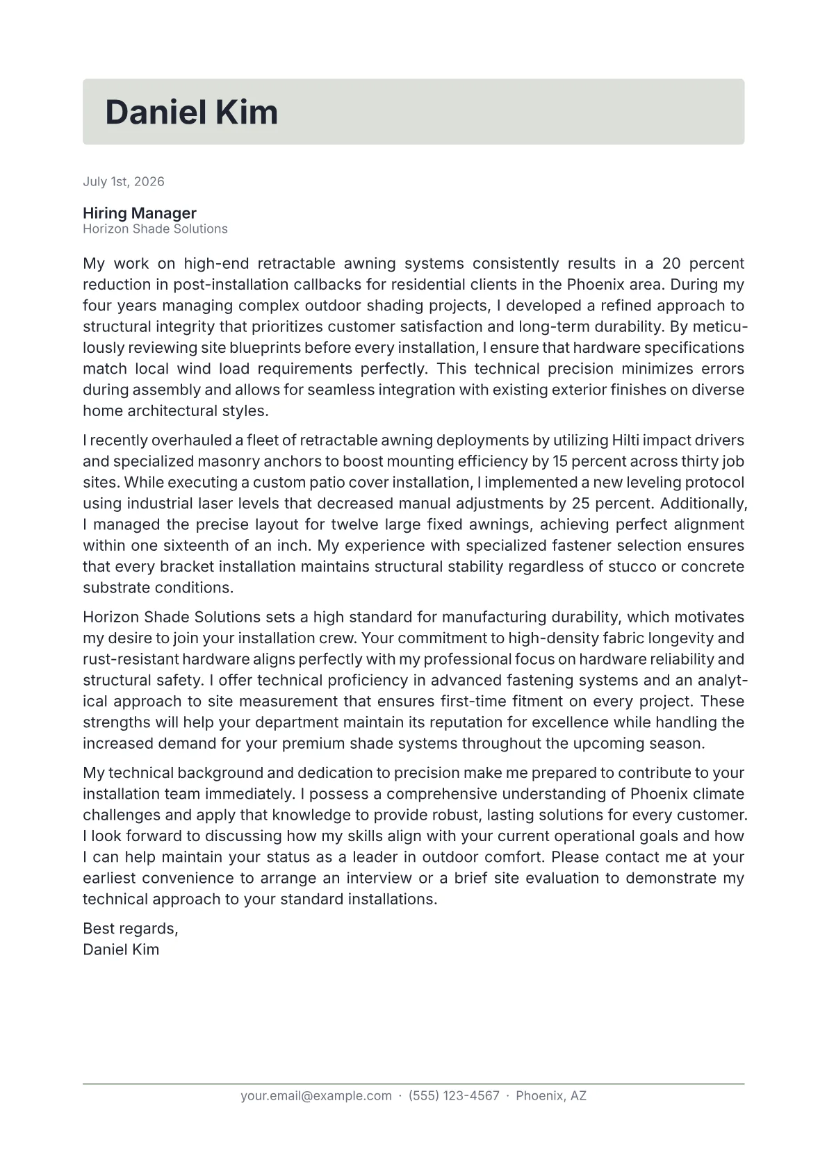 Awning Installer cover letter in the Letterhead design