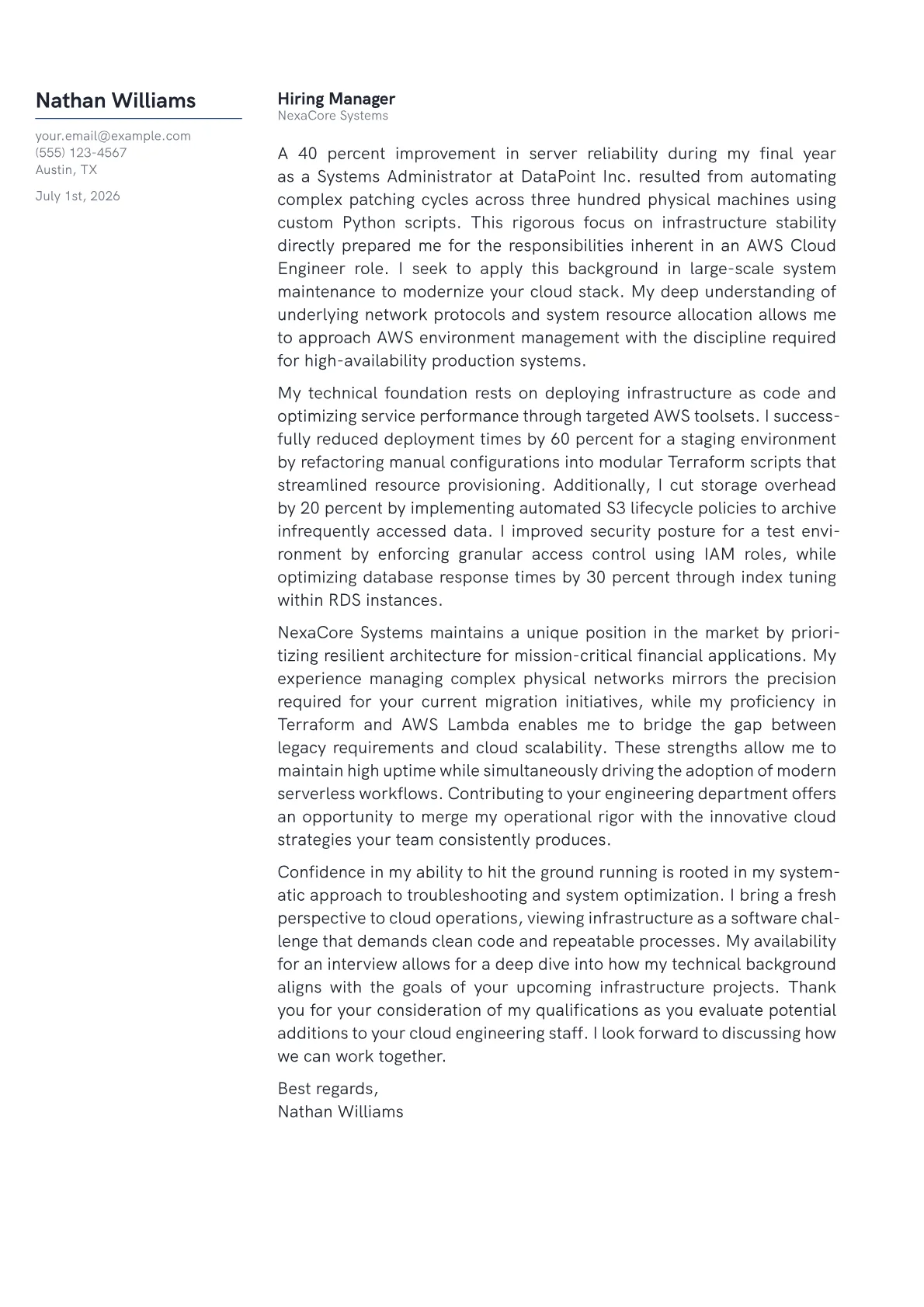 AWS Cloud Engineer cover letter in the Margin design