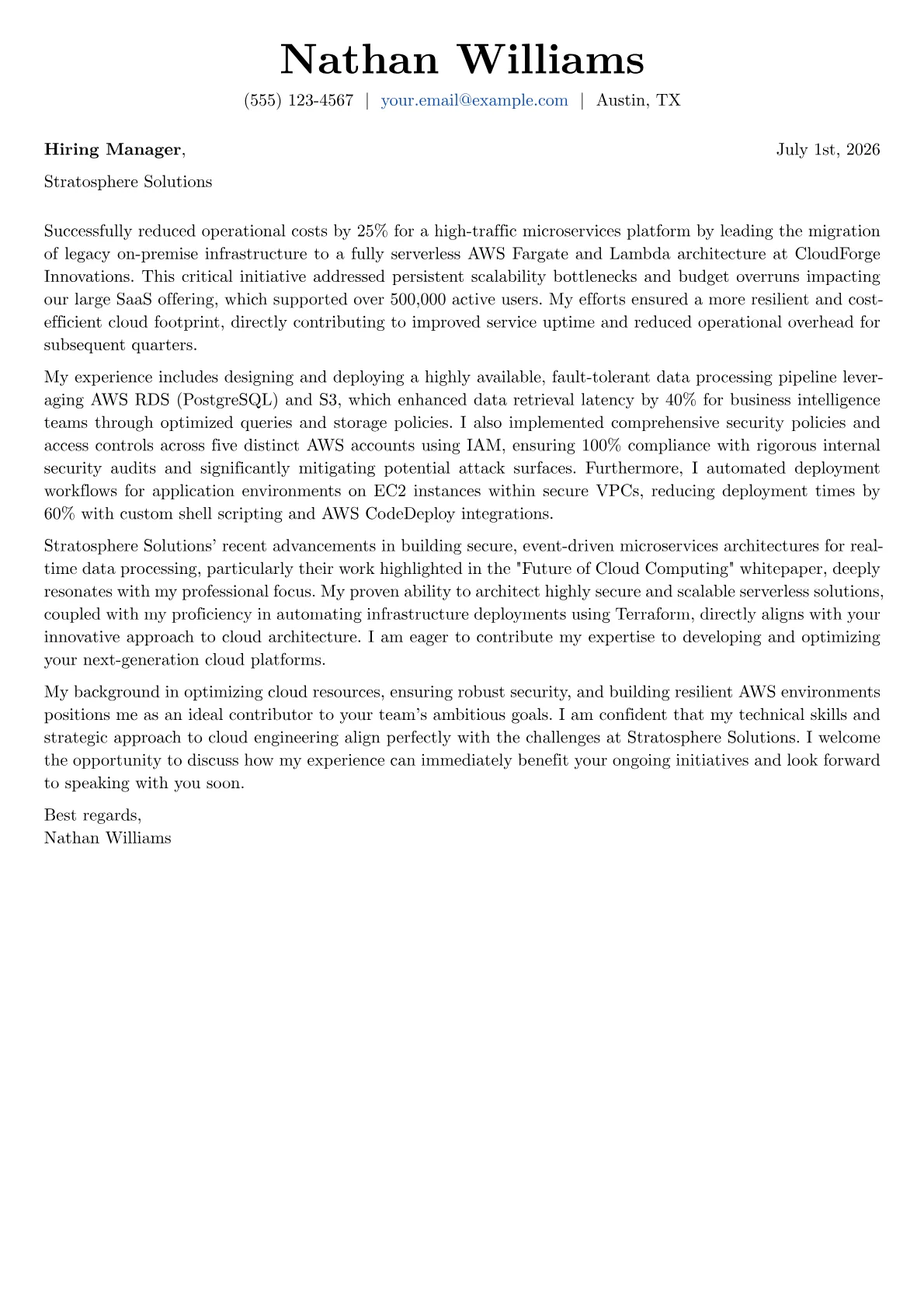 AWS Cloud Engineer cover letter formatted with a JobSprout template