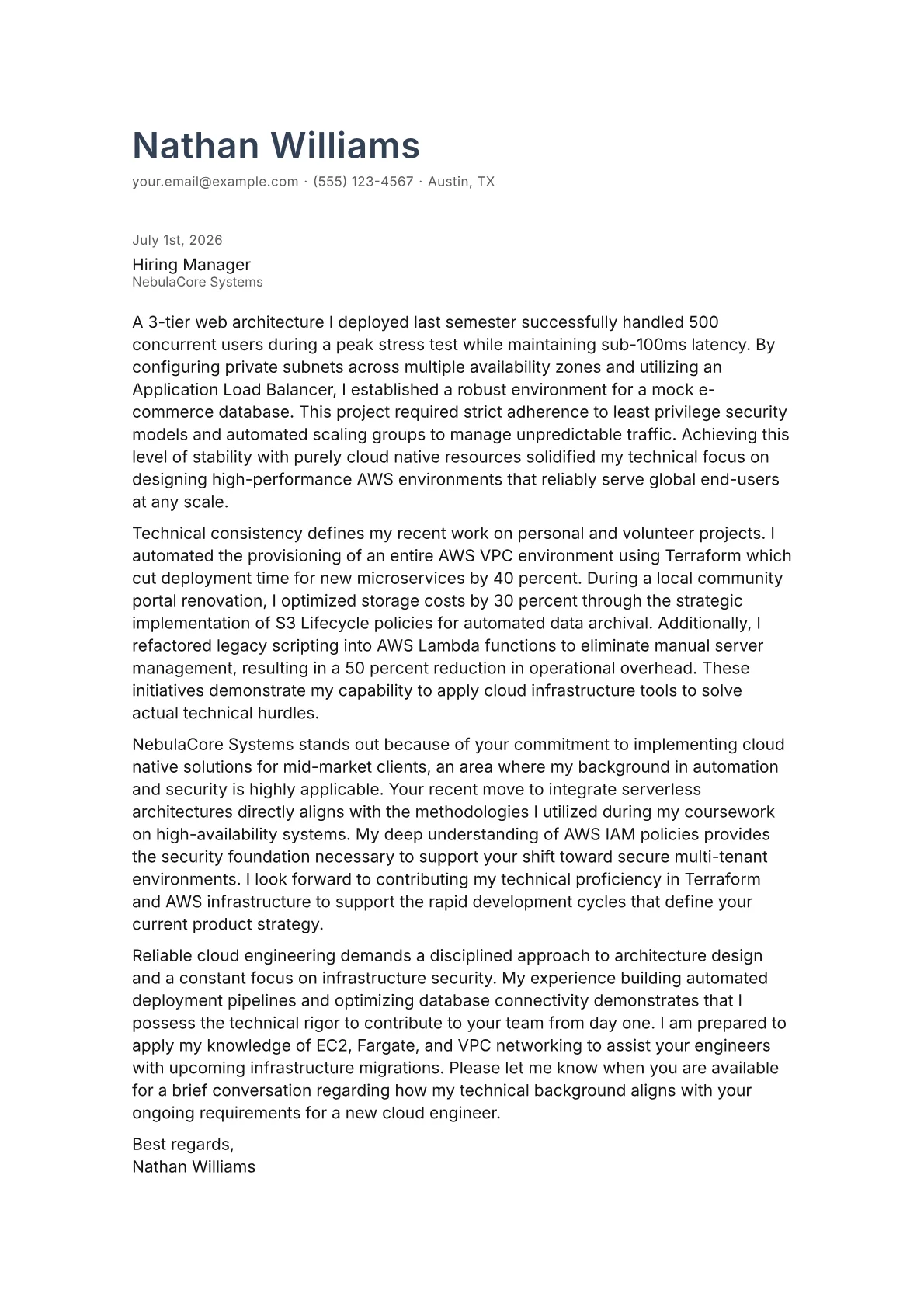 AWS Cloud Engineer cover letter in the Minimal design