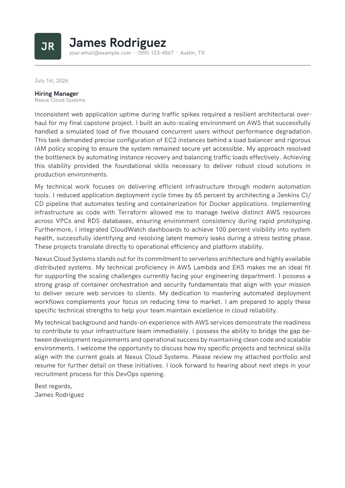 AWS DevOps Engineer cover letter in the Emblem design