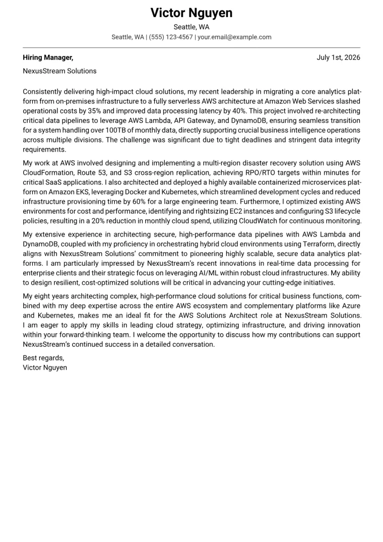 AWS Solutions Architect cover letter example preview
