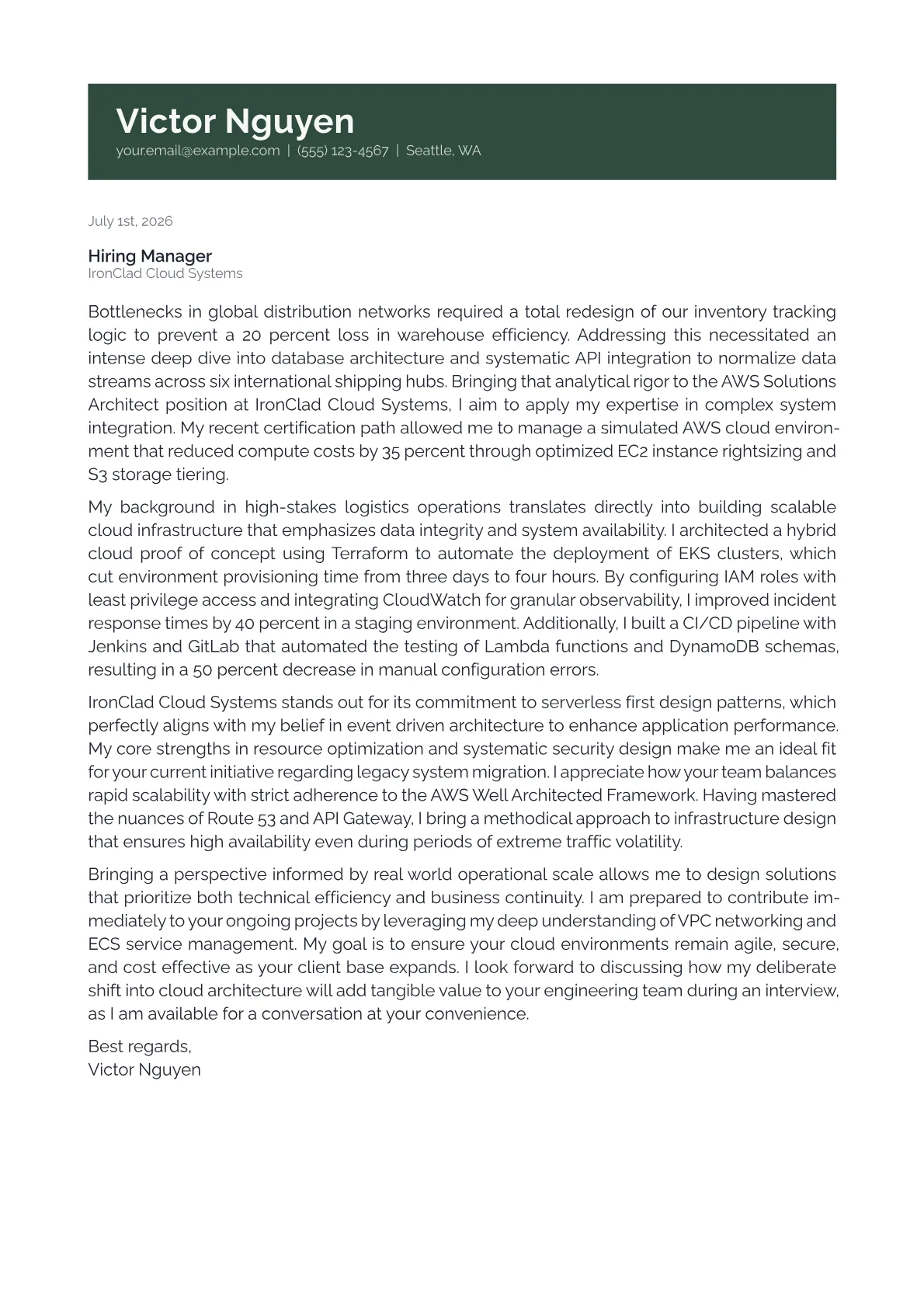 AWS Solutions Architect cover letter in the Banner design