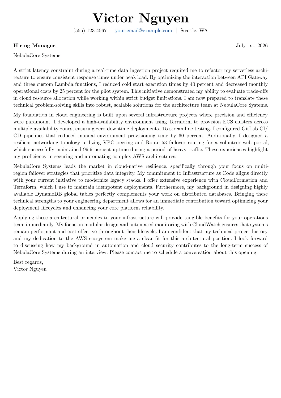AWS Solutions Architect cover letter in the Basic design