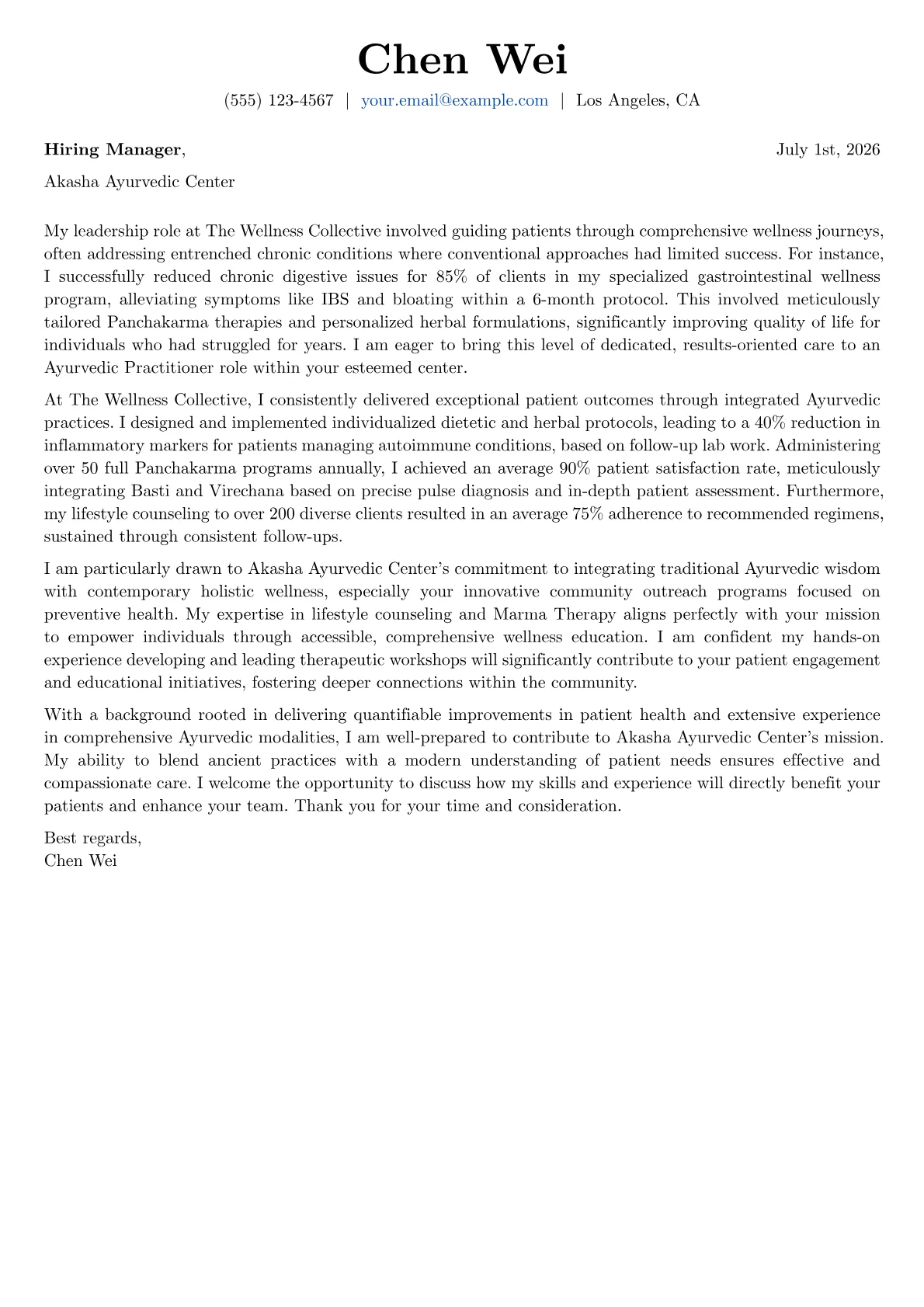 Ayurvedic Practitioner cover letter formatted with a JobSprout template