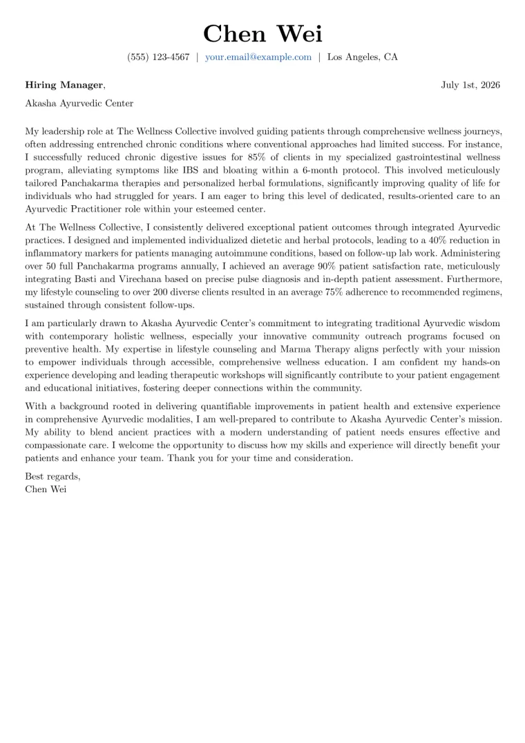 Ayurvedic Practitioner cover letter example preview