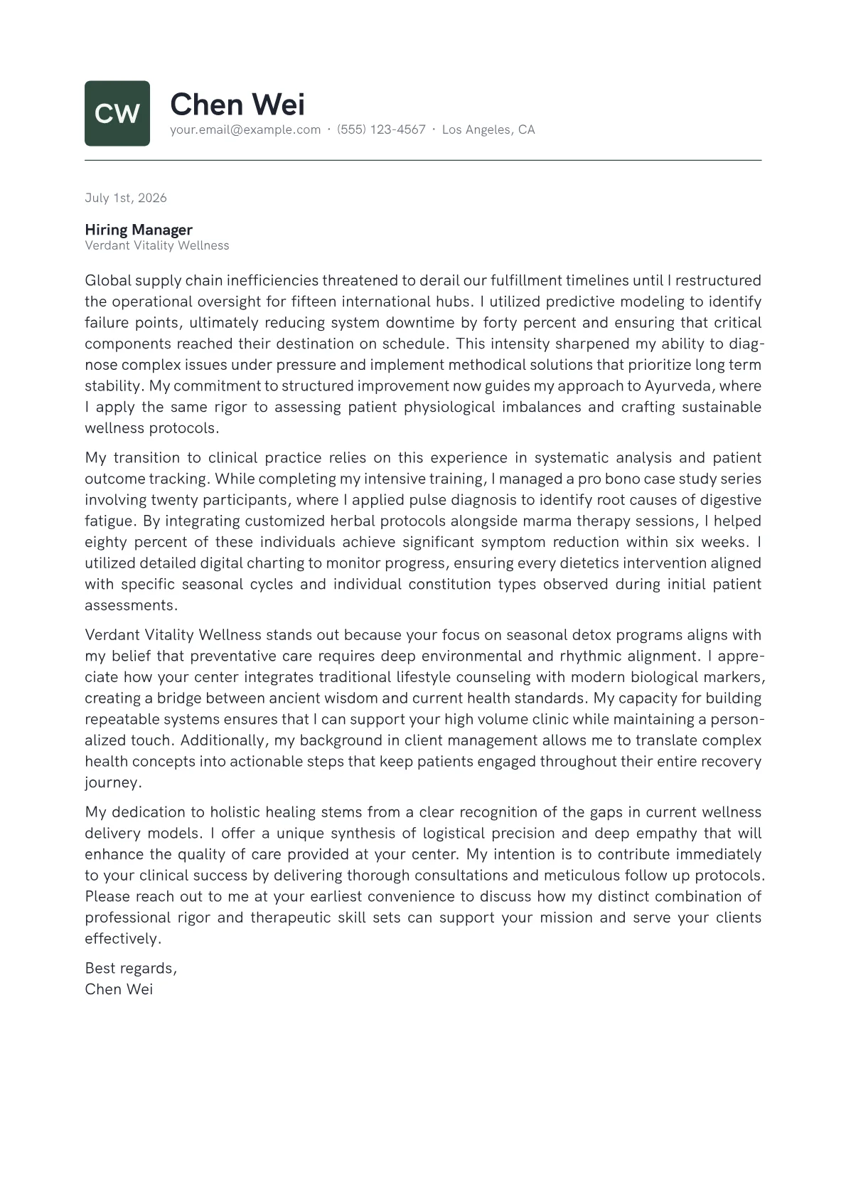 Ayurvedic Practitioner cover letter in the Emblem design