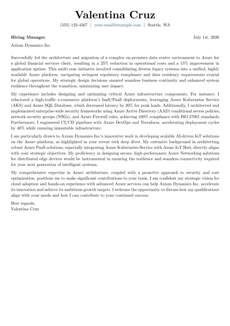 Azure Cloud Architect cover letter example preview