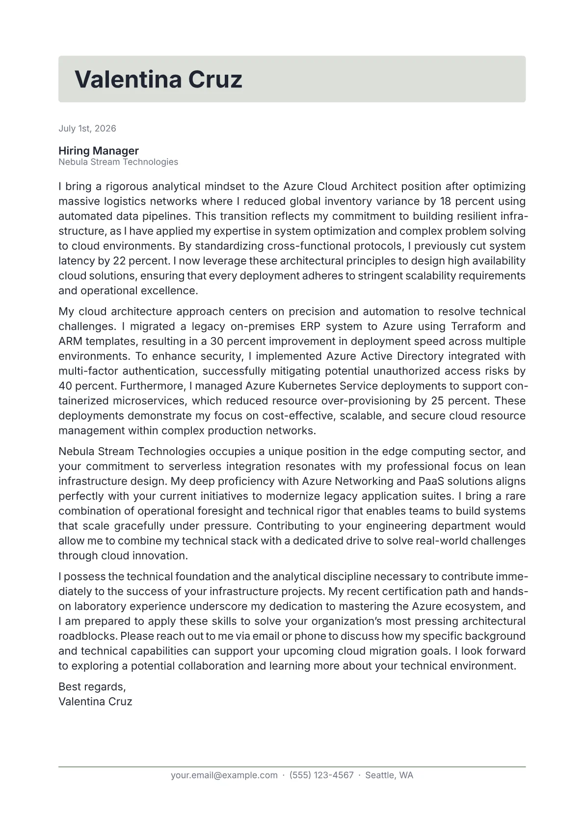 Azure Cloud Architect cover letter in the Letterhead design