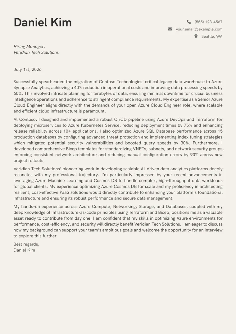 Azure Cloud Engineer Cover Letter Example