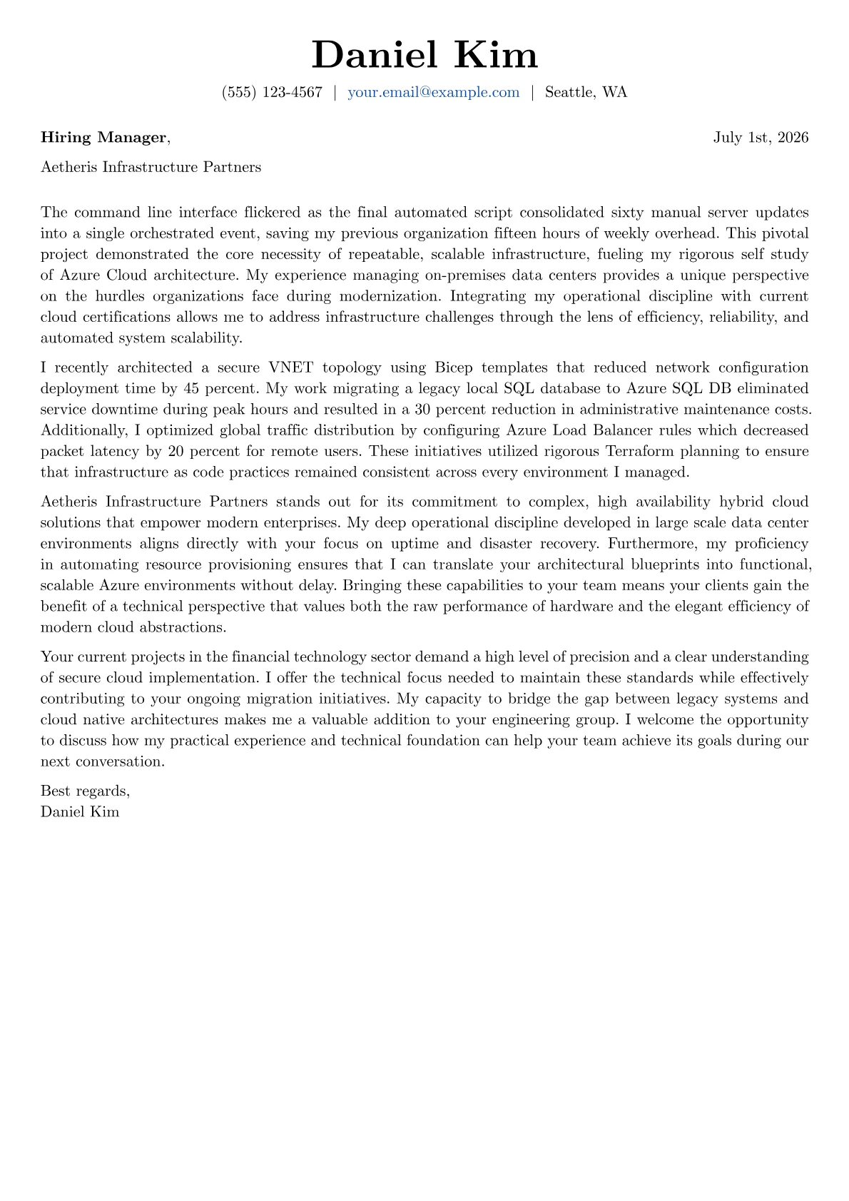 Azure Cloud Engineer cover letter in the Basic design