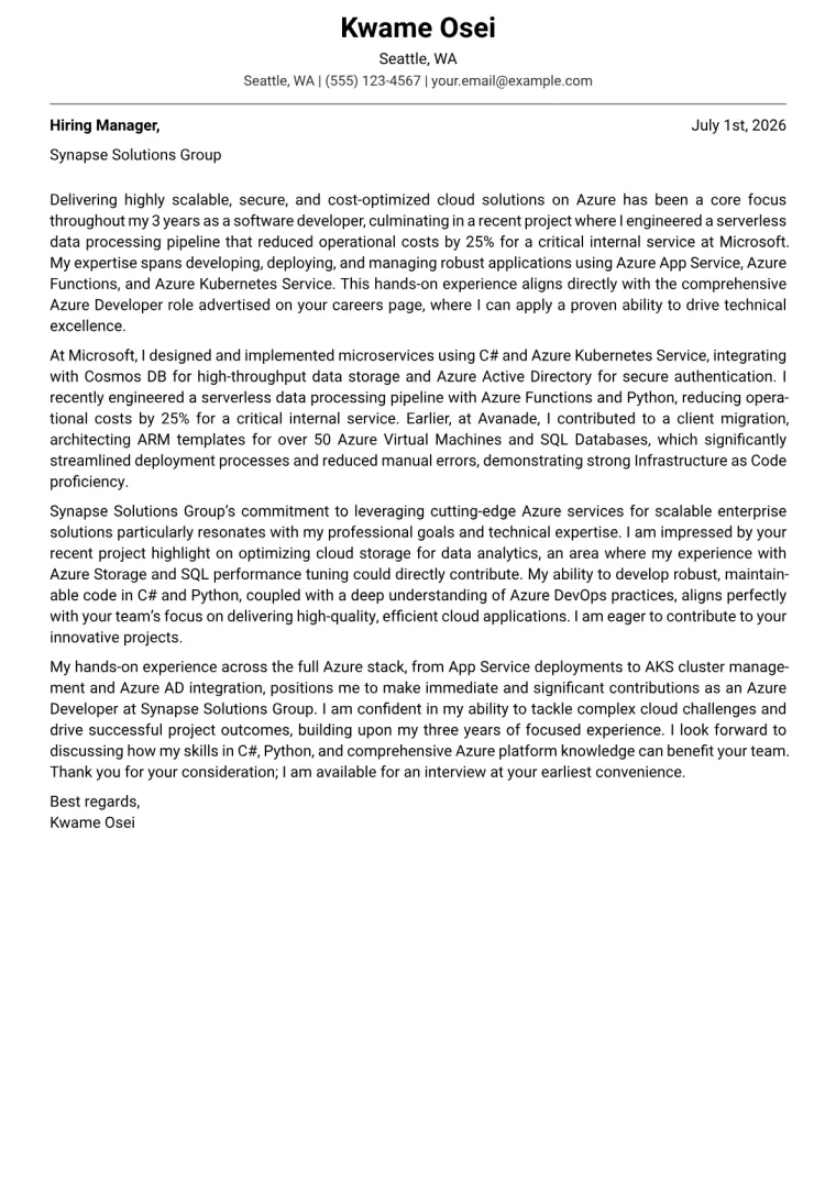 Azure Developer Cover Letter Example + Template (2026)