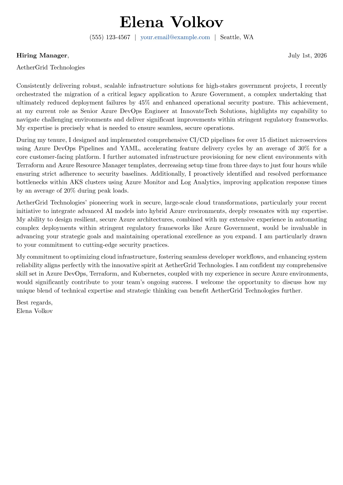 Azure DevOps Engineer cover letter formatted with a JobSprout template