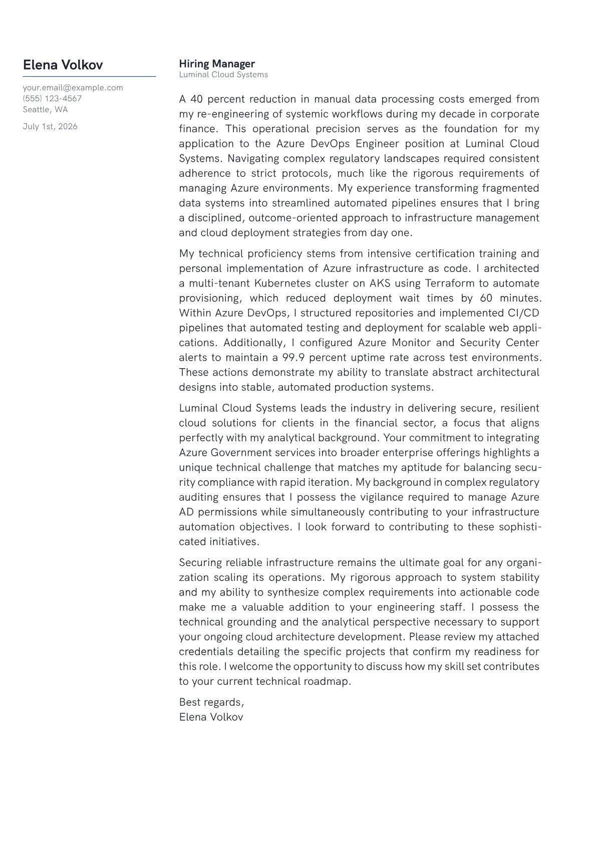 Azure DevOps Engineer cover letter in the Margin design