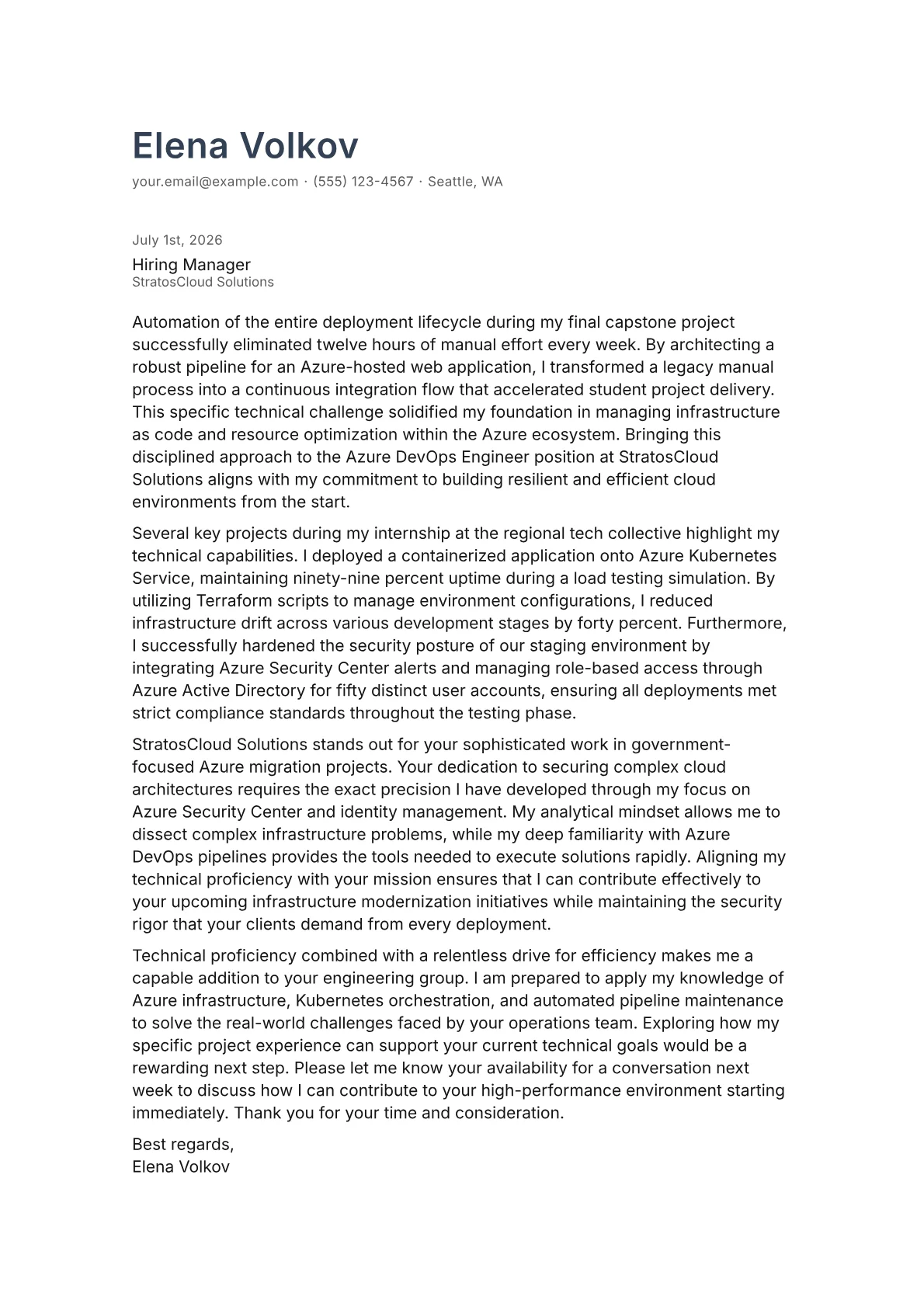 Azure DevOps Engineer cover letter in the Minimal design