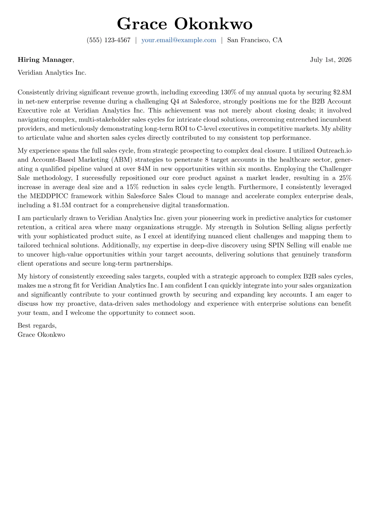 B2B Account Executive cover letter formatted with a JobSprout template