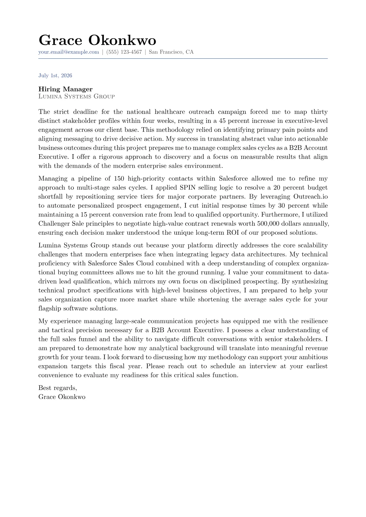 B2B Account Executive cover letter in the Classic design