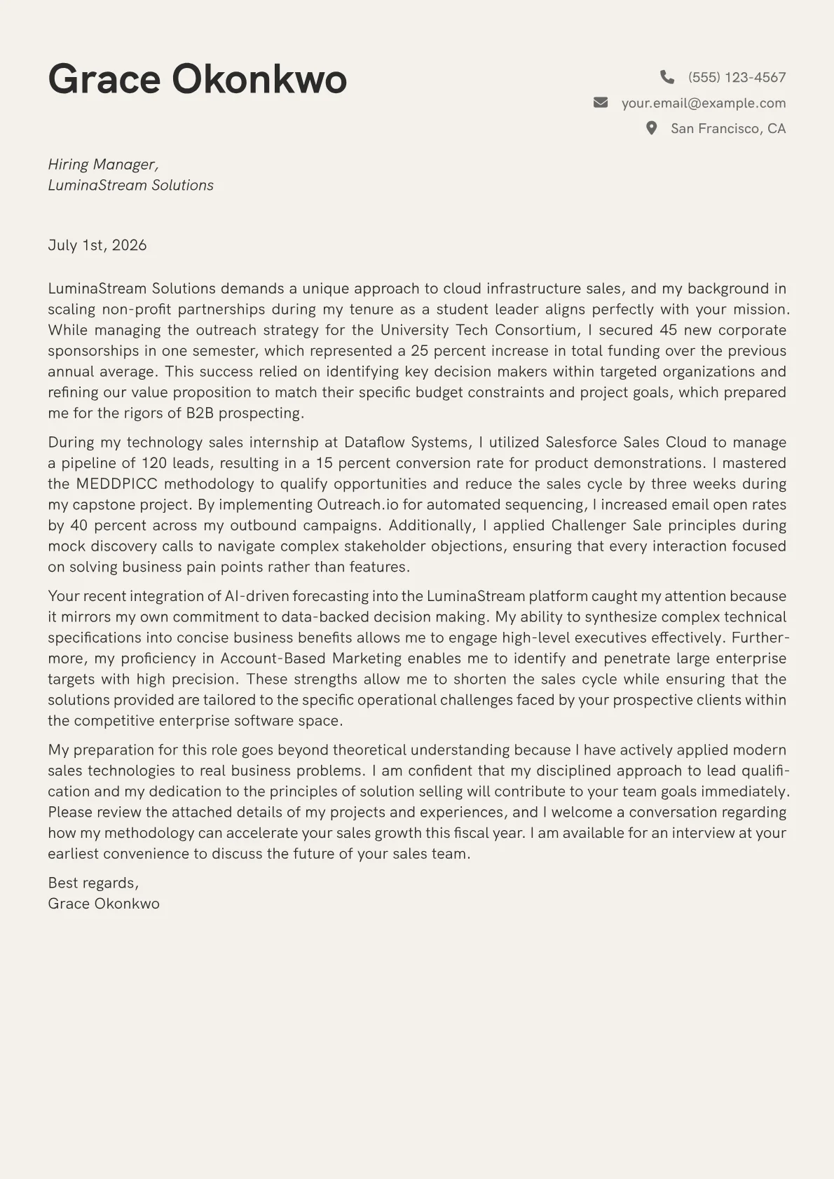 B2B Account Executive cover letter in the Creative design