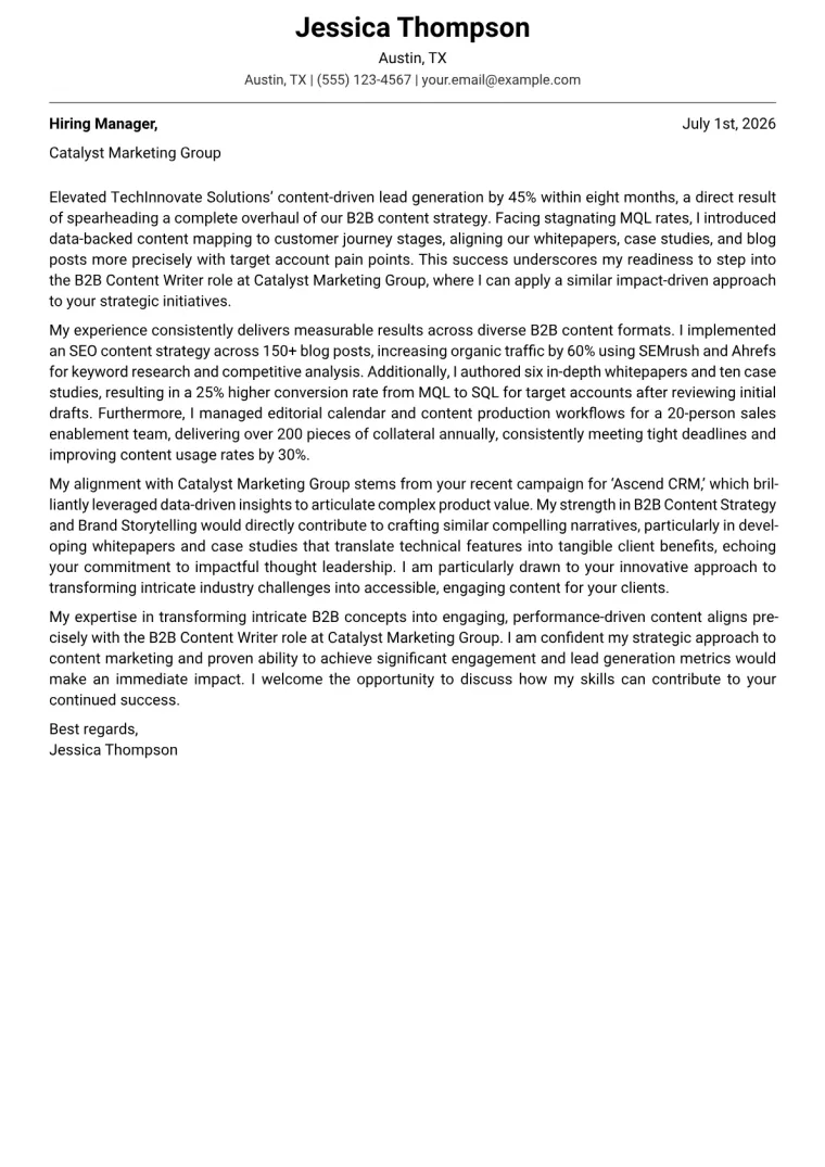 B2B Content Writer cover letter example