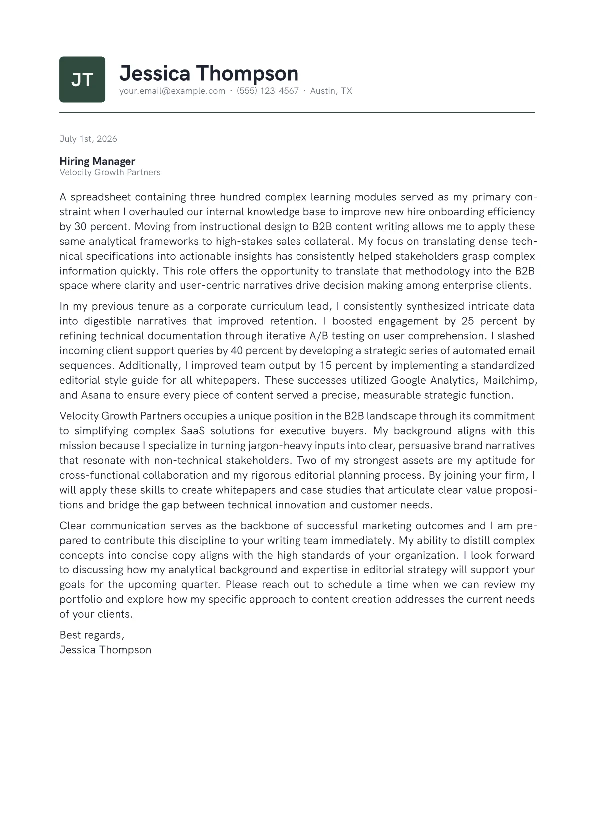 B2B Content Writer cover letter in the Emblem design