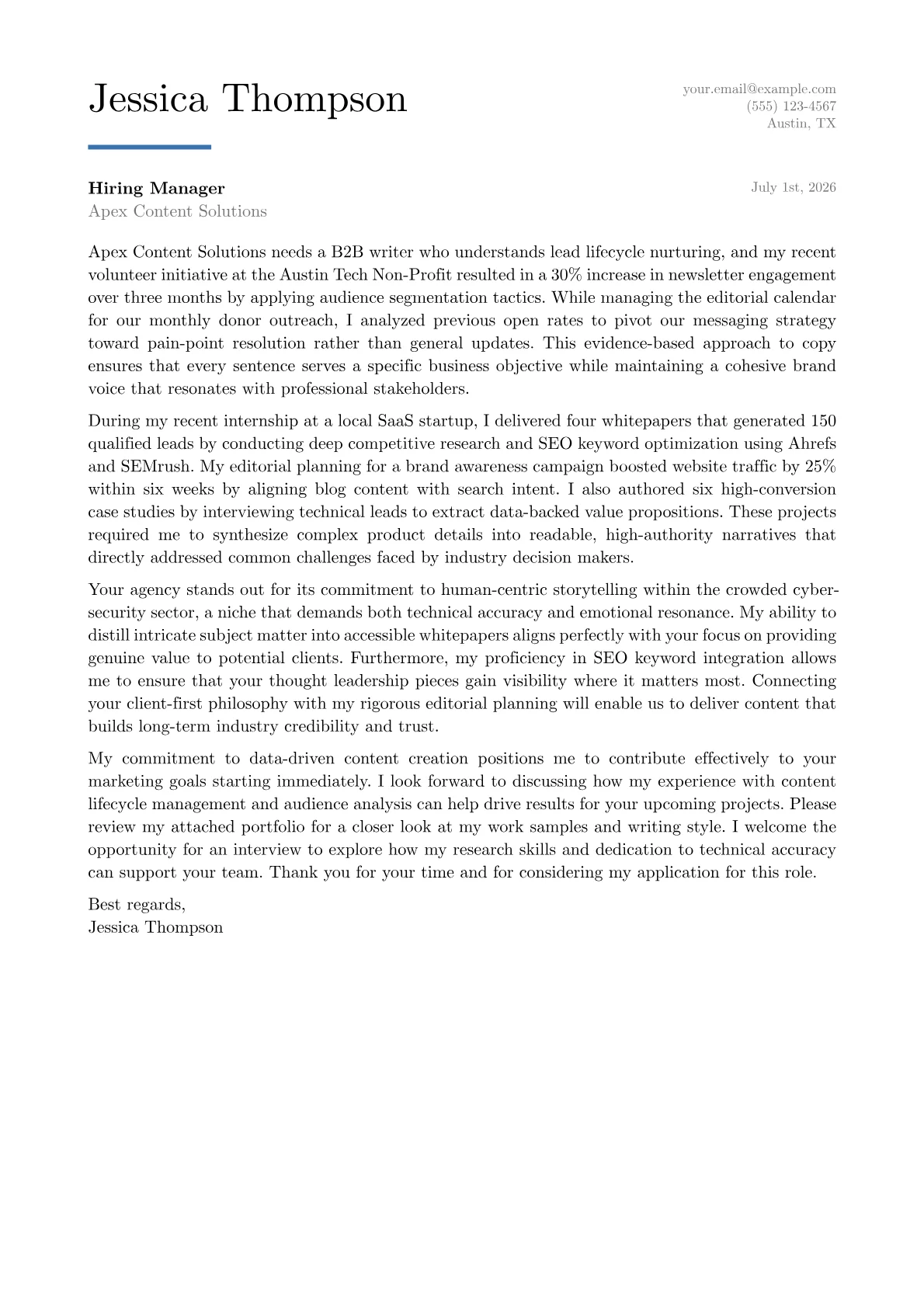B2B Content Writer cover letter in the Executive design