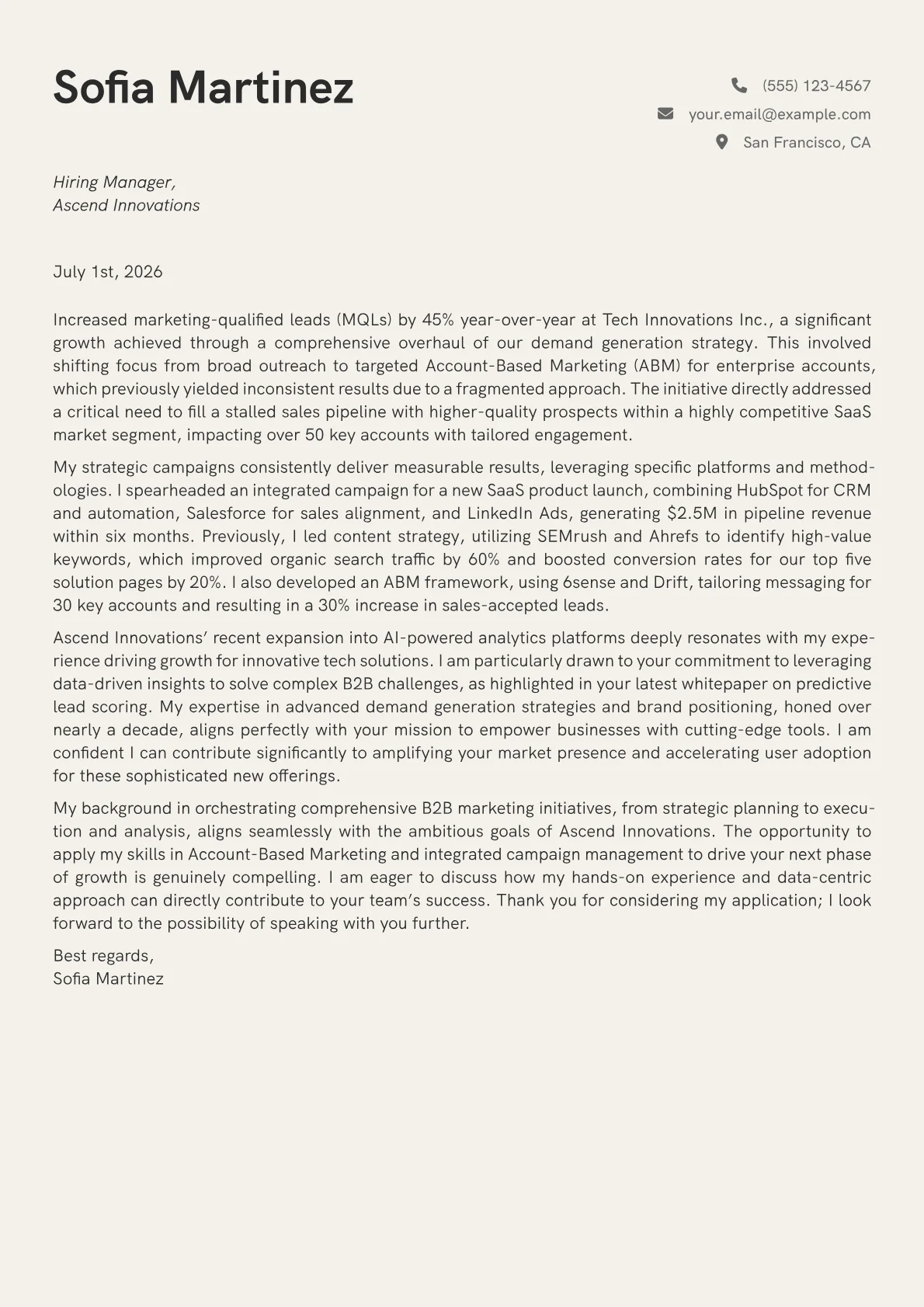 B2B Marketing Manager cover letter formatted with a JobSprout template