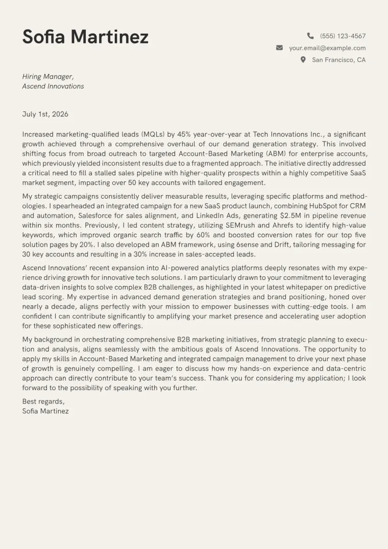 B2B Marketing Manager cover letter example preview