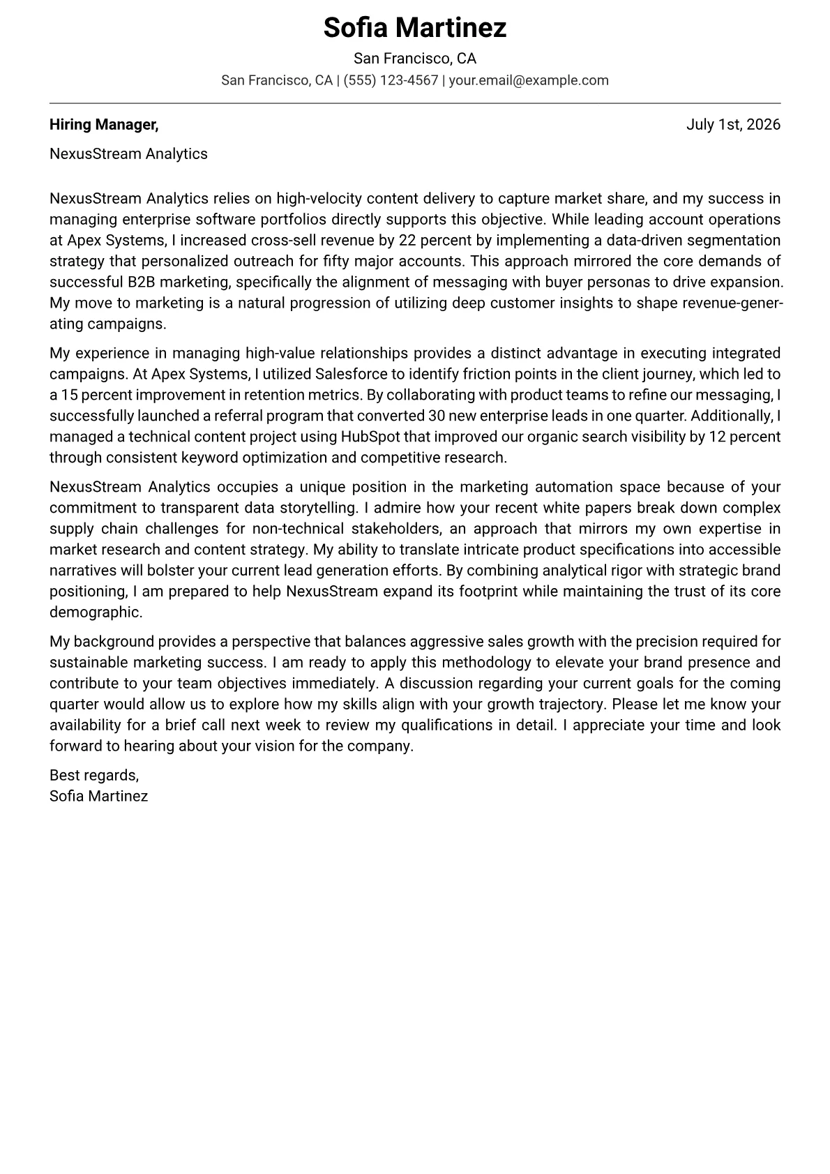 B2B Marketing Manager cover letter in the Modern design