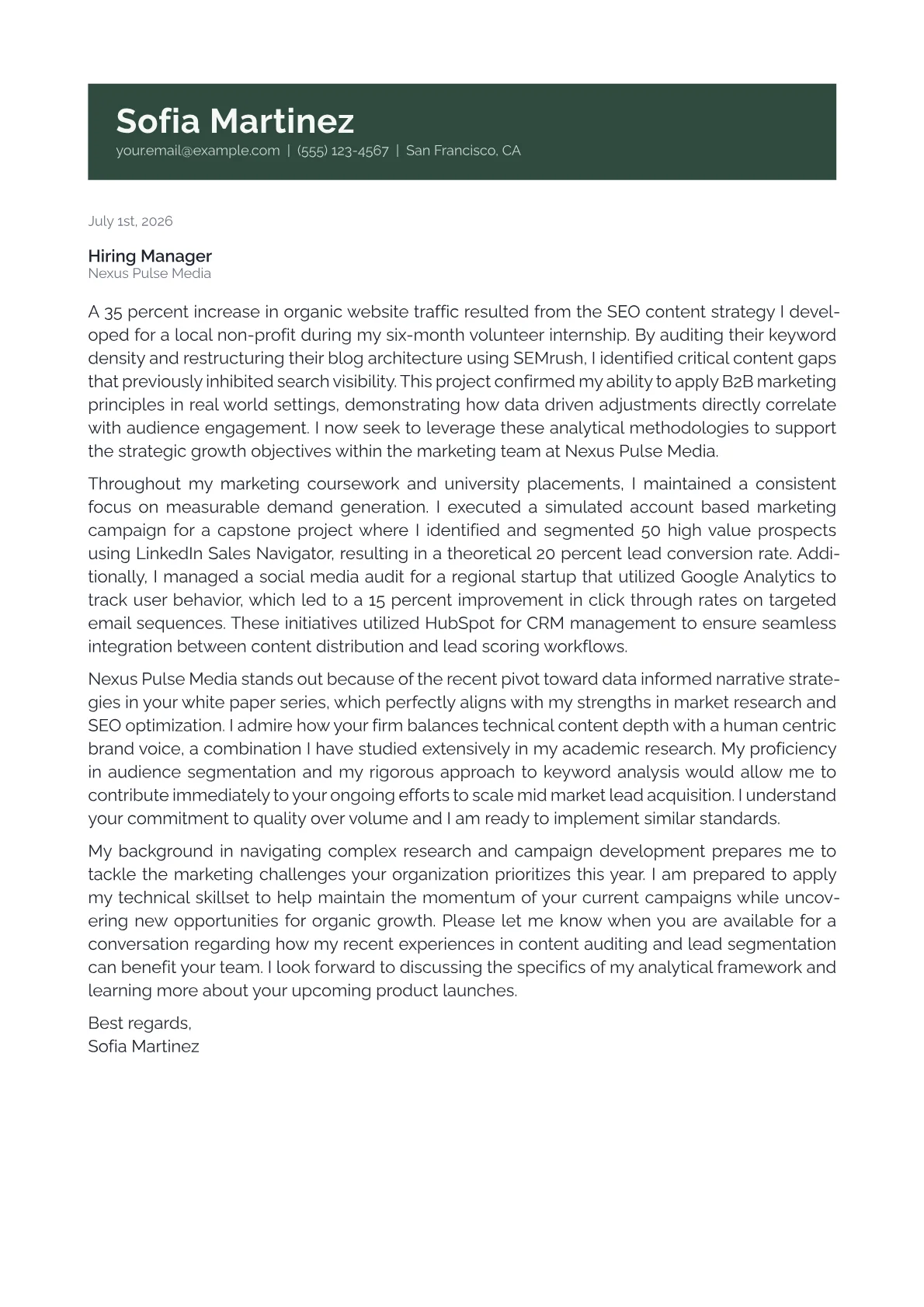 B2B Marketing Manager cover letter in the Banner design