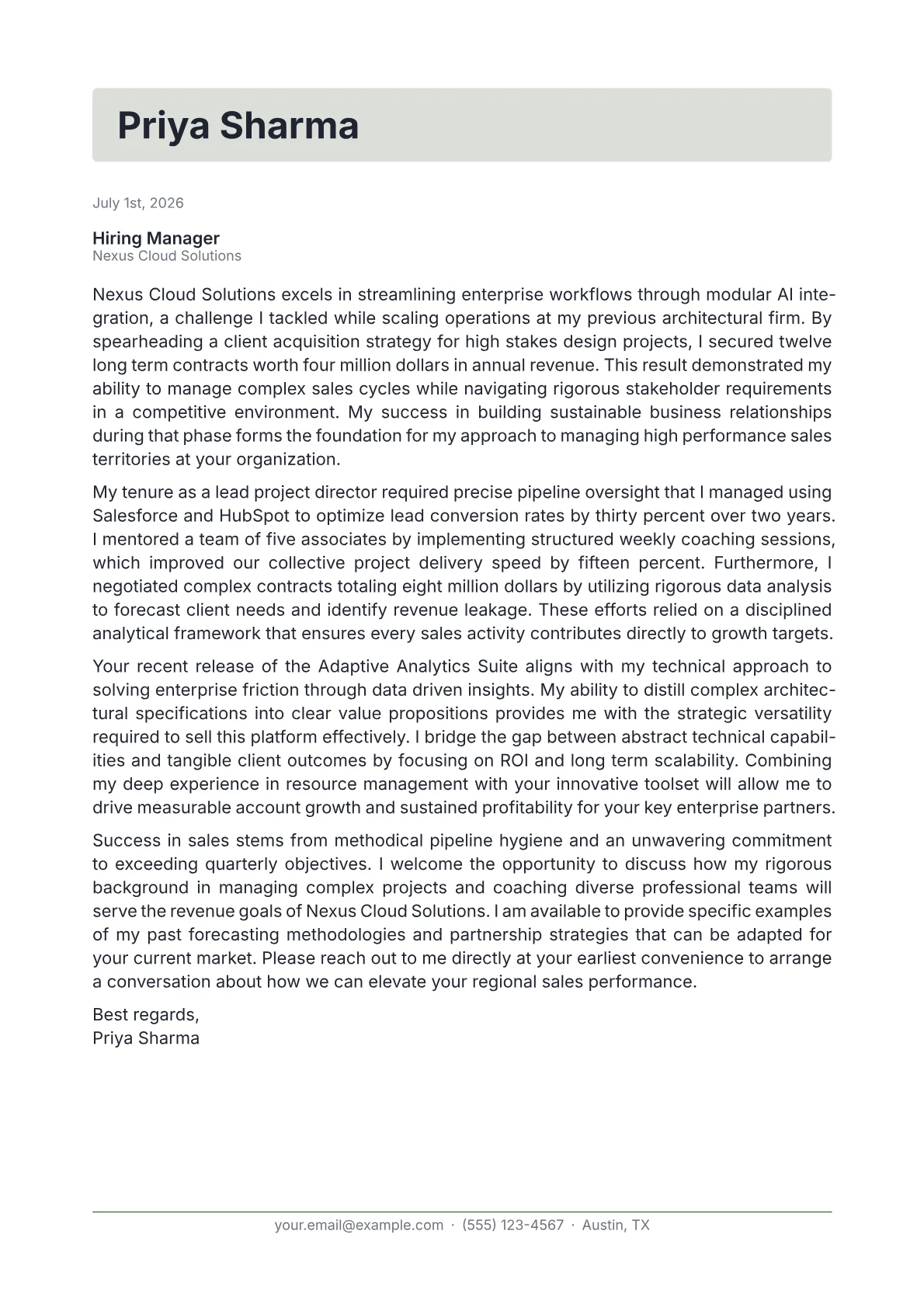 B2B Sales Manager cover letter in the Letterhead design