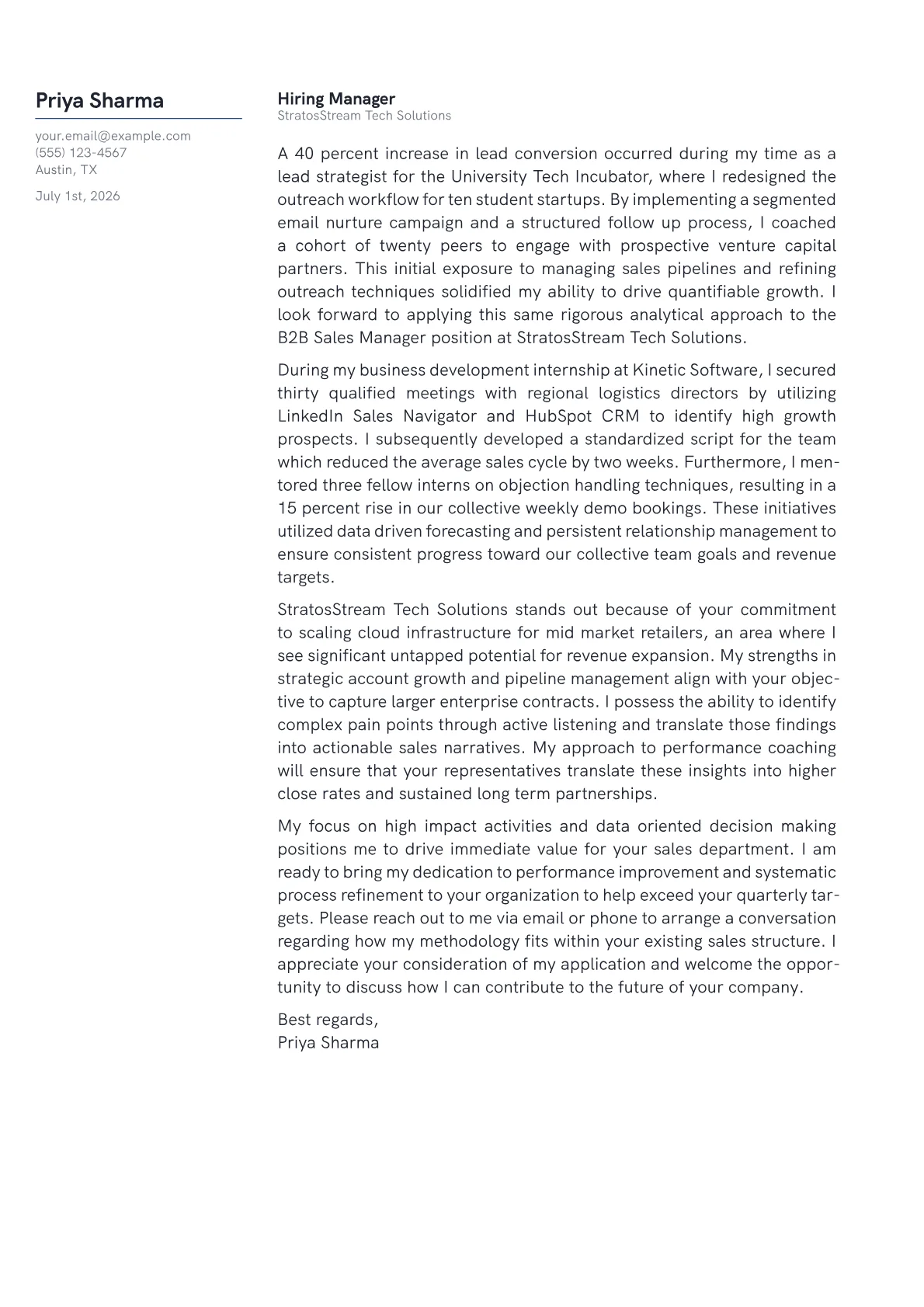 B2B Sales Manager cover letter in the Margin design